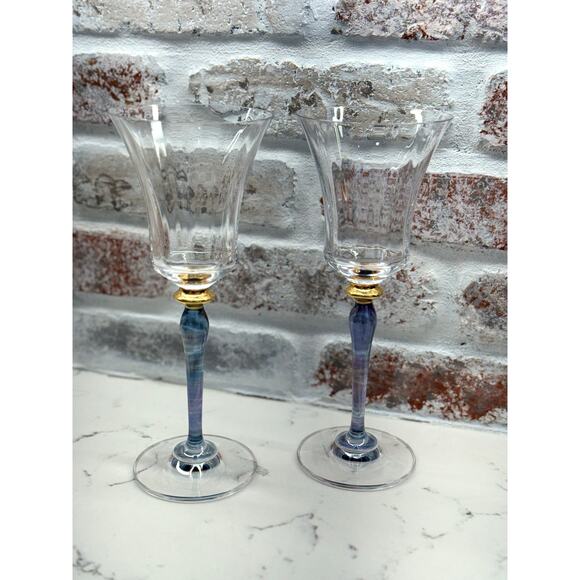 Rare Mikasa Royal Jamestown Blue Stem and Gold Knot Wine Glass Set of 2 - Picture 2 of 10